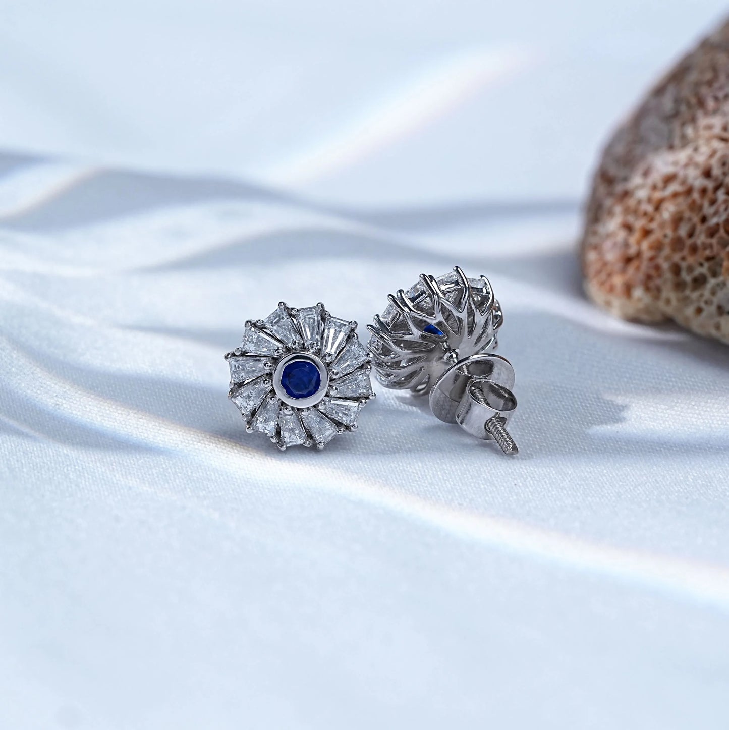 Sapphire Round And Tapered Baguette Halo Stud Earrings