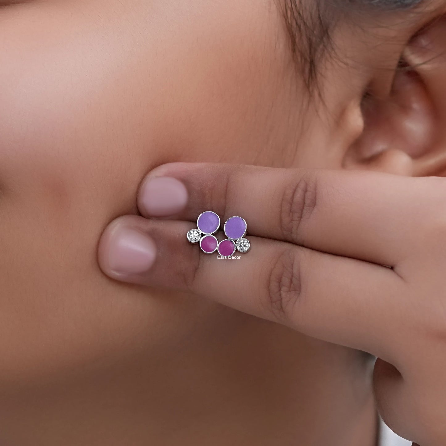 Purple Enamel And Round Diamond Baby Stud Earrings