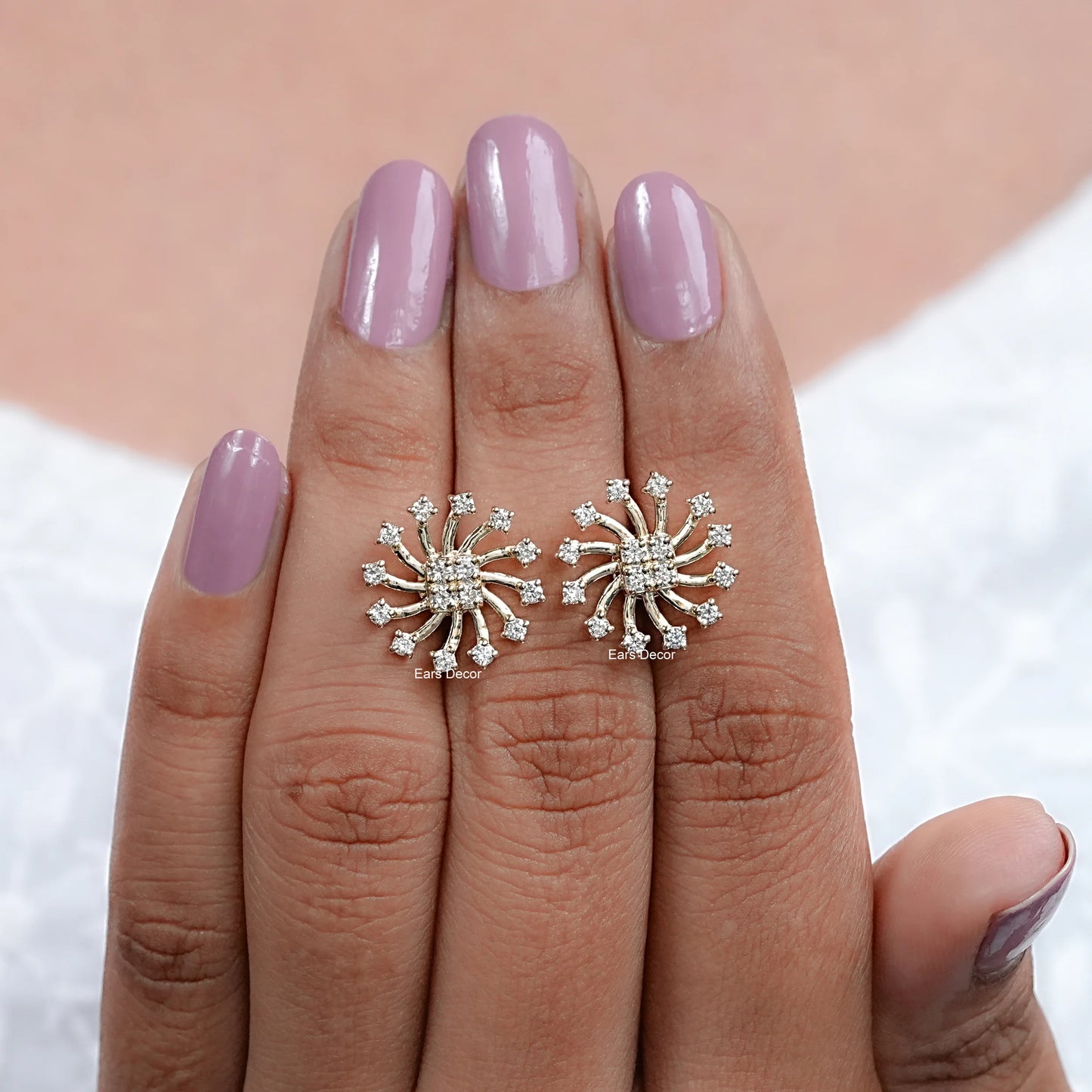 front view of sun-shaped round natural diamond cluster studs for details