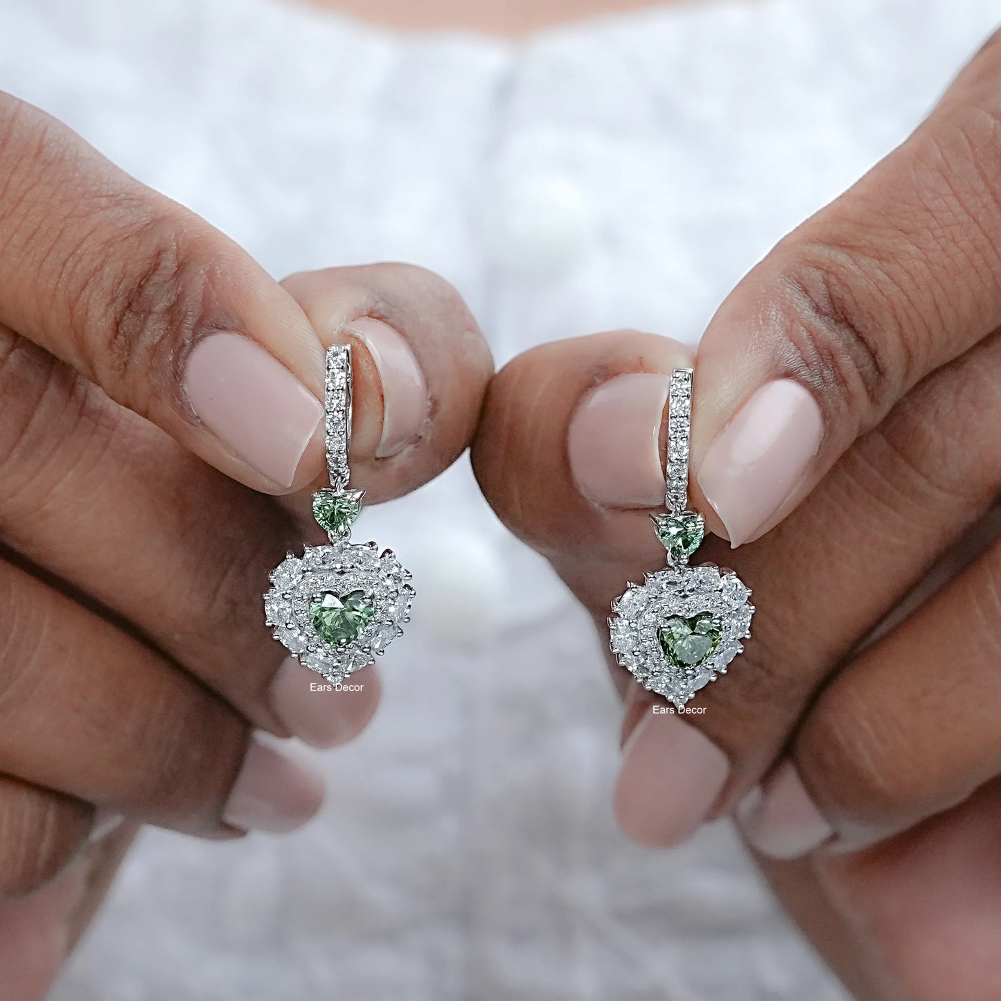 Heart Shape Green Lab Diamond Halo Dangle Earrings