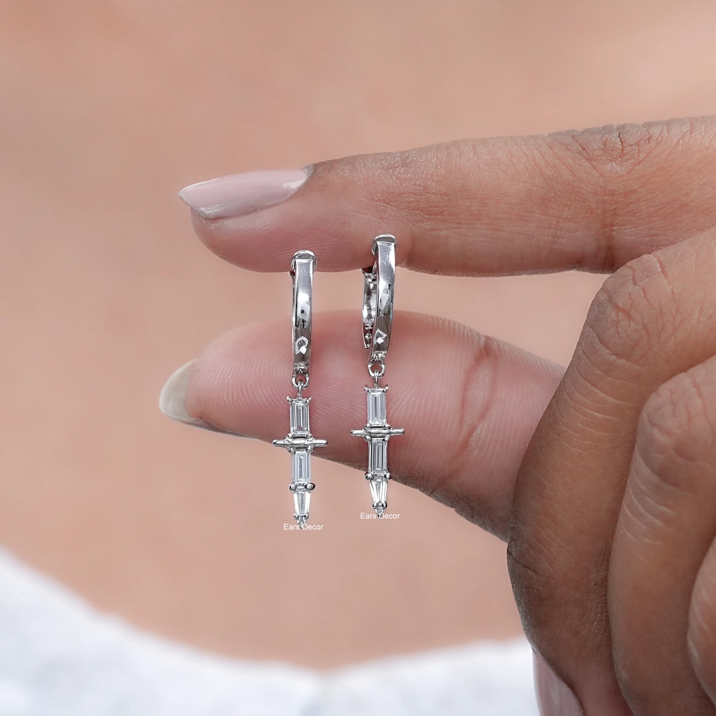 Baguette Diamond Cross Dangle Hoop Earrings
