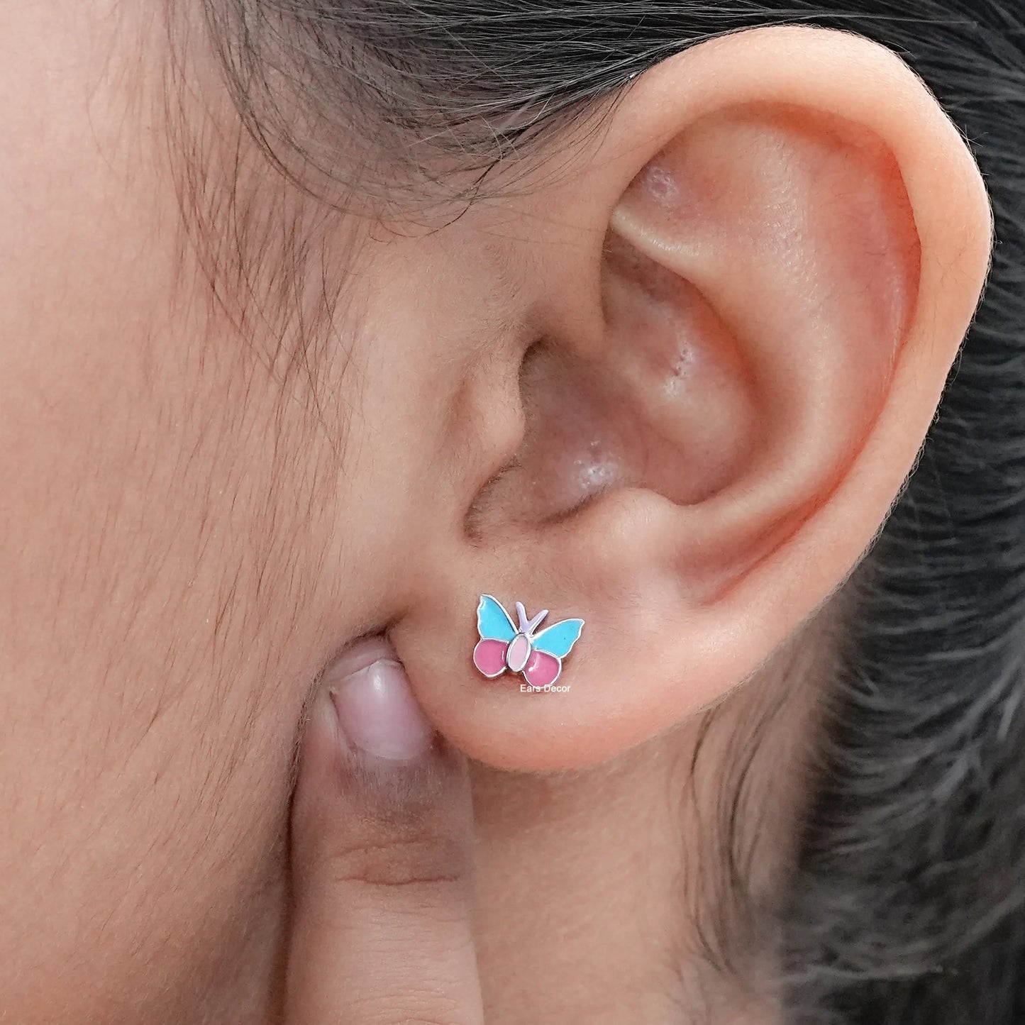 Pink And Blue Enamel Butterfly Stud Earrings