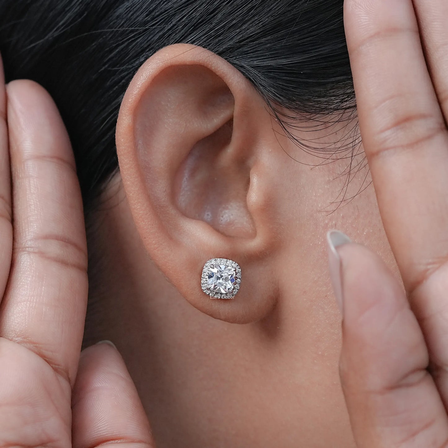 Square Old Mine Cushion Cut Lab Diamond Halo Stud Earrings