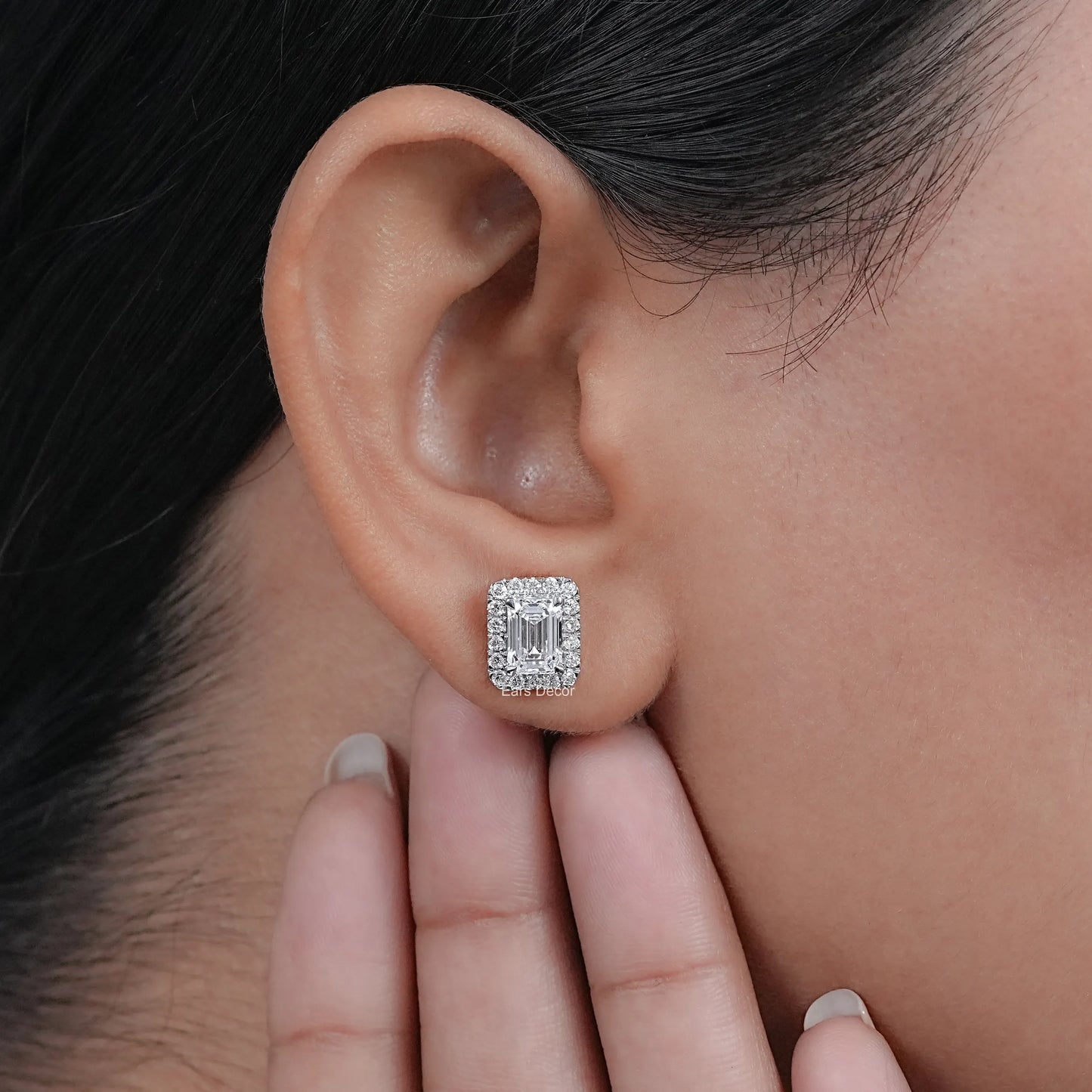 Emerald Cut Lab Diamond Halo Stud Earrings