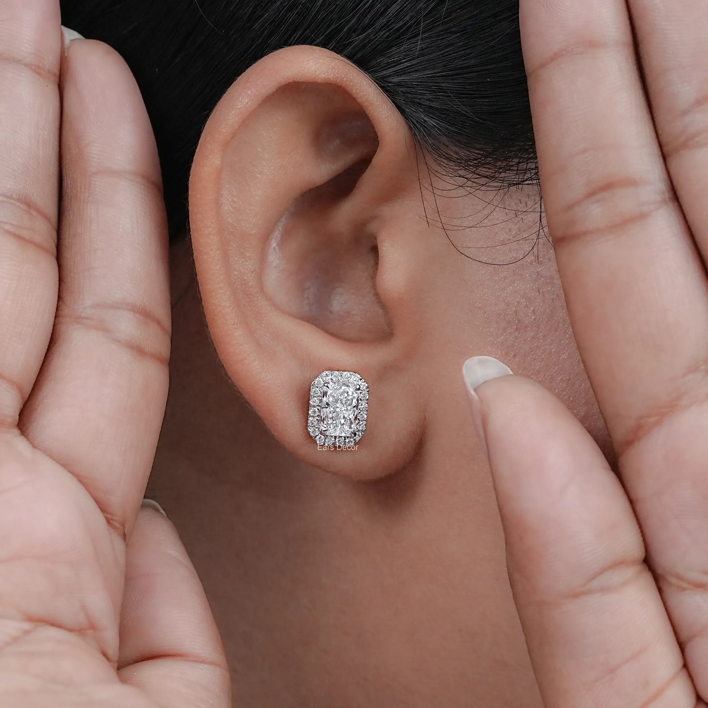 Lab Grown Radiant Diamond Halo Stud Earrings