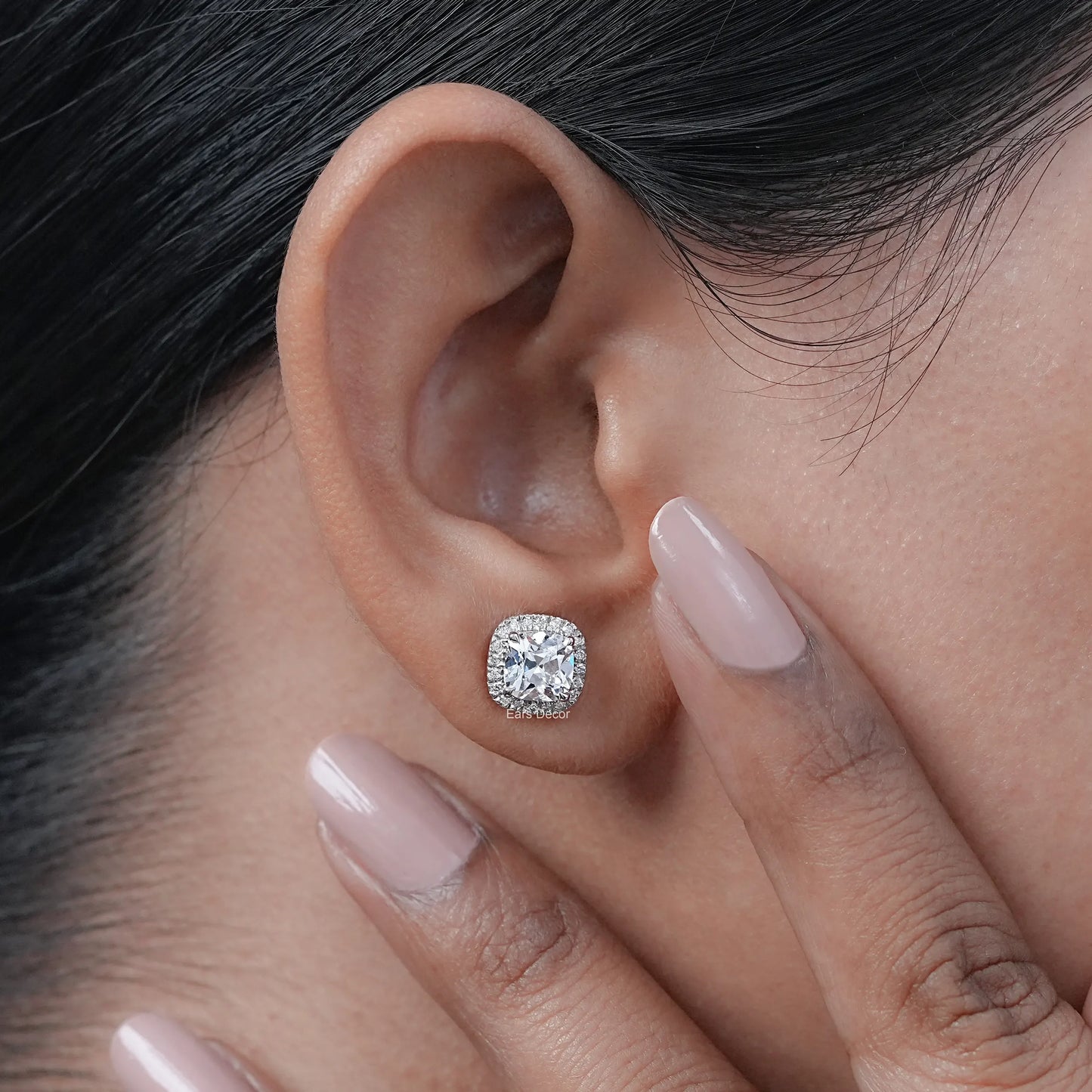 Square Old Mine Cushion Cut Lab Diamond Halo Stud Earrings