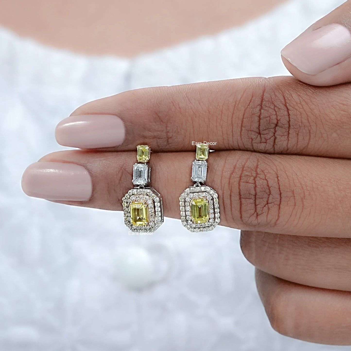 Yellow Emerald Gemstone Double Halo Dangle Earrings