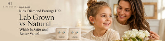 Kids’ lab-grown vs natural diamond earrings UK guide featuring a child wearing diamond stud earrings.