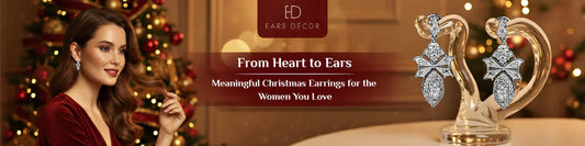 lab-grown diamond christmas earrings for women shown on a gold tree stand