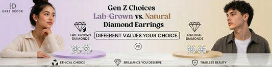 Gen Z comparing lab-grown vs natural diamond earrings, ethical diamonds, sustainable jewelry, diamond stud earrings