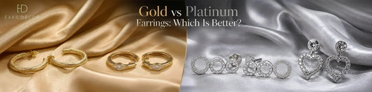 Gold vs platinum earrings comparison featuring gold hoops, gold huggies, platinum studs, and heart diamond earrings.