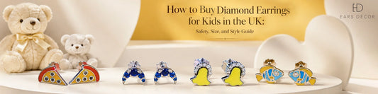 Kids' diamond earrings in playful fish, moon, chick, and pizza designs with a children's jewellery buying guide.