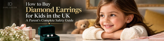 Diamond earrings for kids in the UK, featuring a child wearing stud earrings and a safety guide.