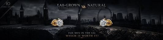 Lab-grown vs. natural diamond earrings for men in the UK, comparing options against a dark London skyline.