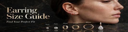 Earring size guide with diamond studs, gold hoops and drop earrings in millimetres to help you find the perfect fit.