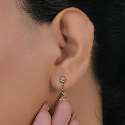 Round Cut Diamond Stud Dangle Chain Earring