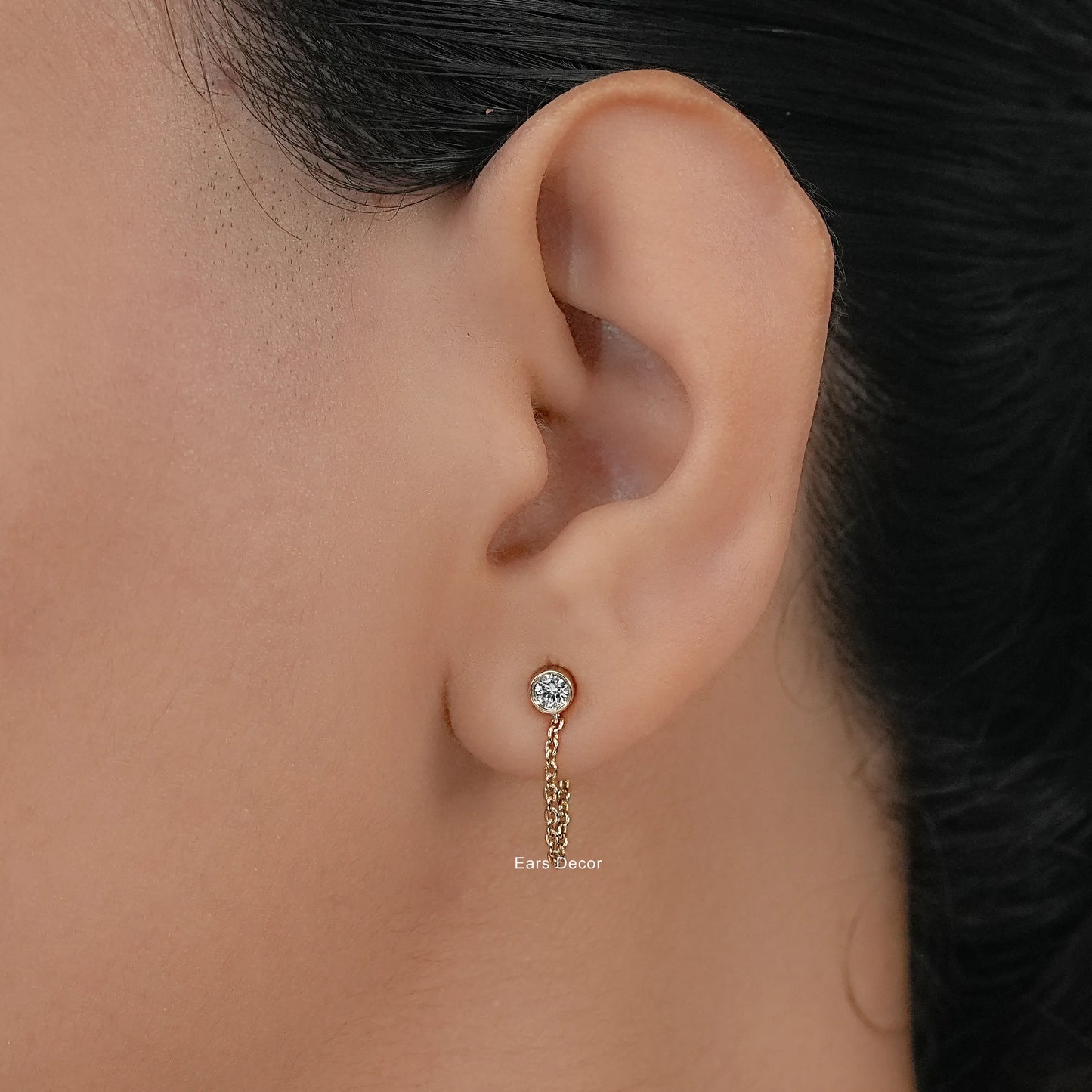 Round Cut Diamond Stud Dangle Chain Earring