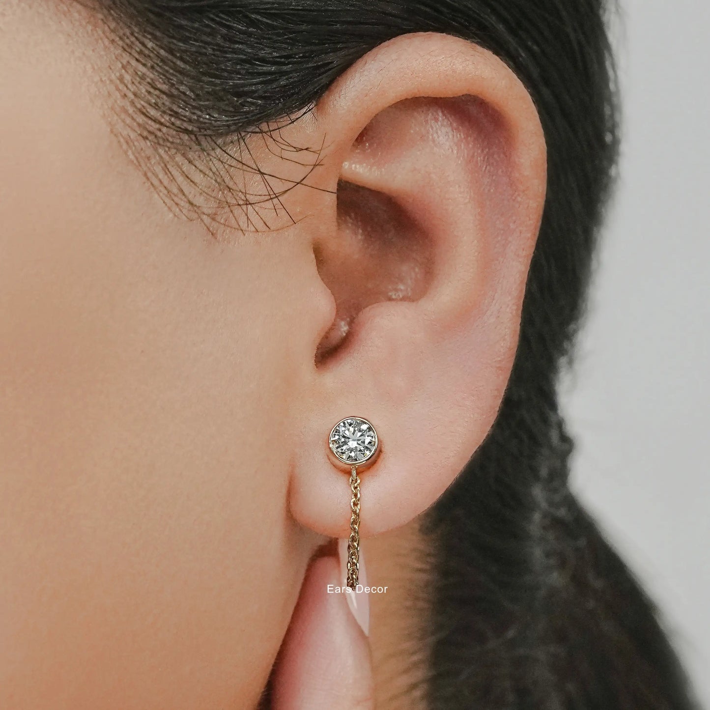 Round Cut Diamond Stud Dangle Chain Earring