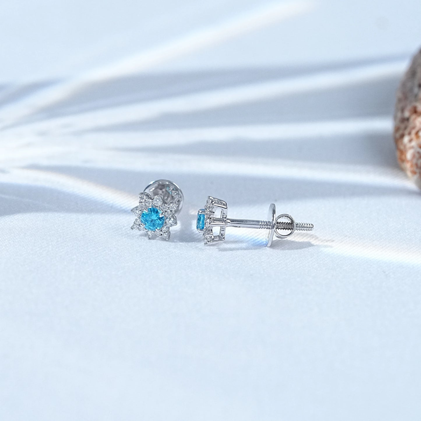 Aquamarine Gemstone Floral Shaped Cluster Stud Earrings