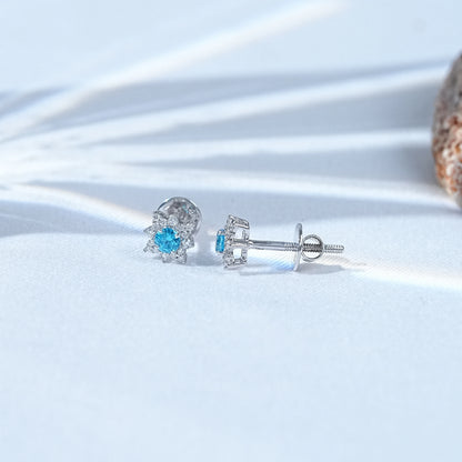 Aquamarine Gemstone Floral Shaped Cluster Stud Earrings
