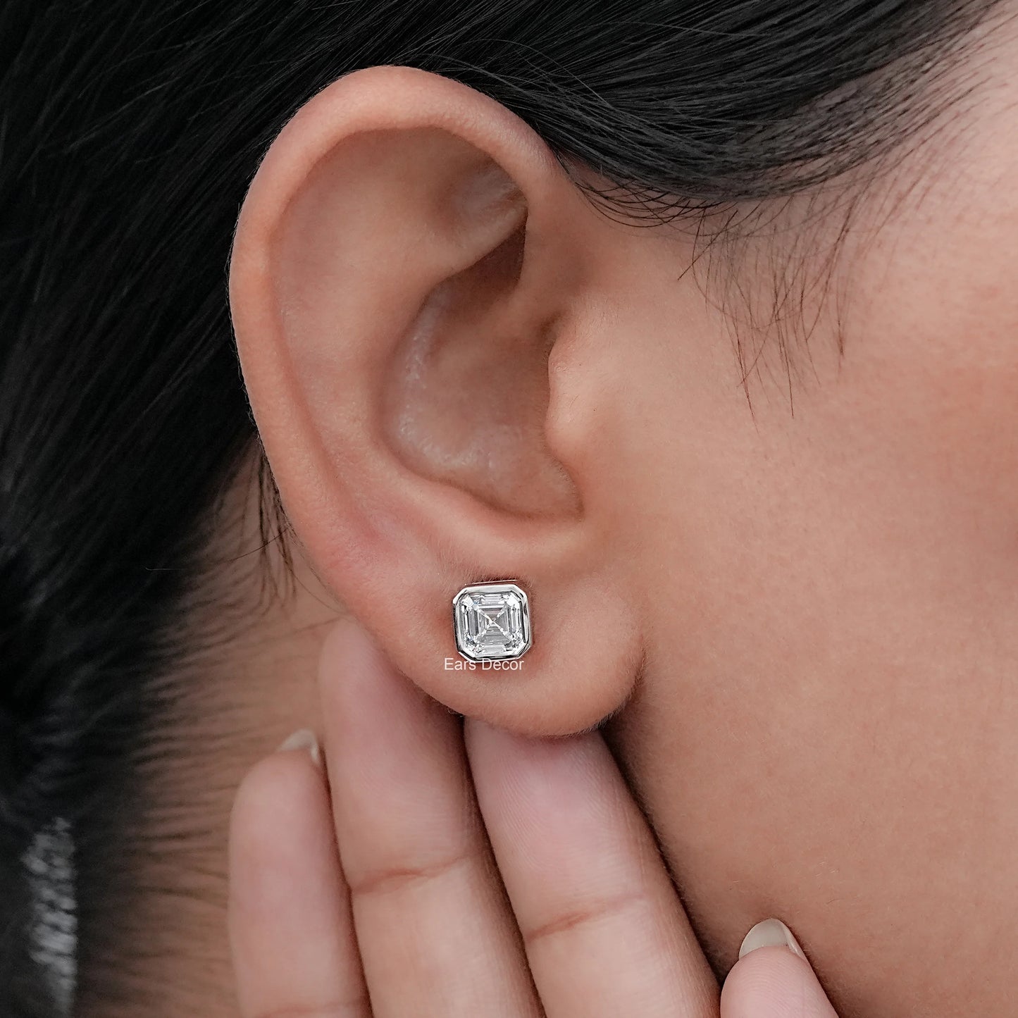 Colorless Asscher Cut Solitaire Bezel Set Stud Earrings