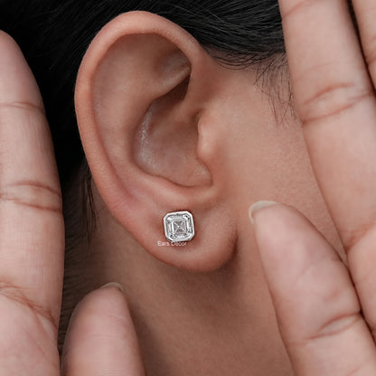 Colorless Asscher Cut Solitaire Bezel Set Stud Earrings
