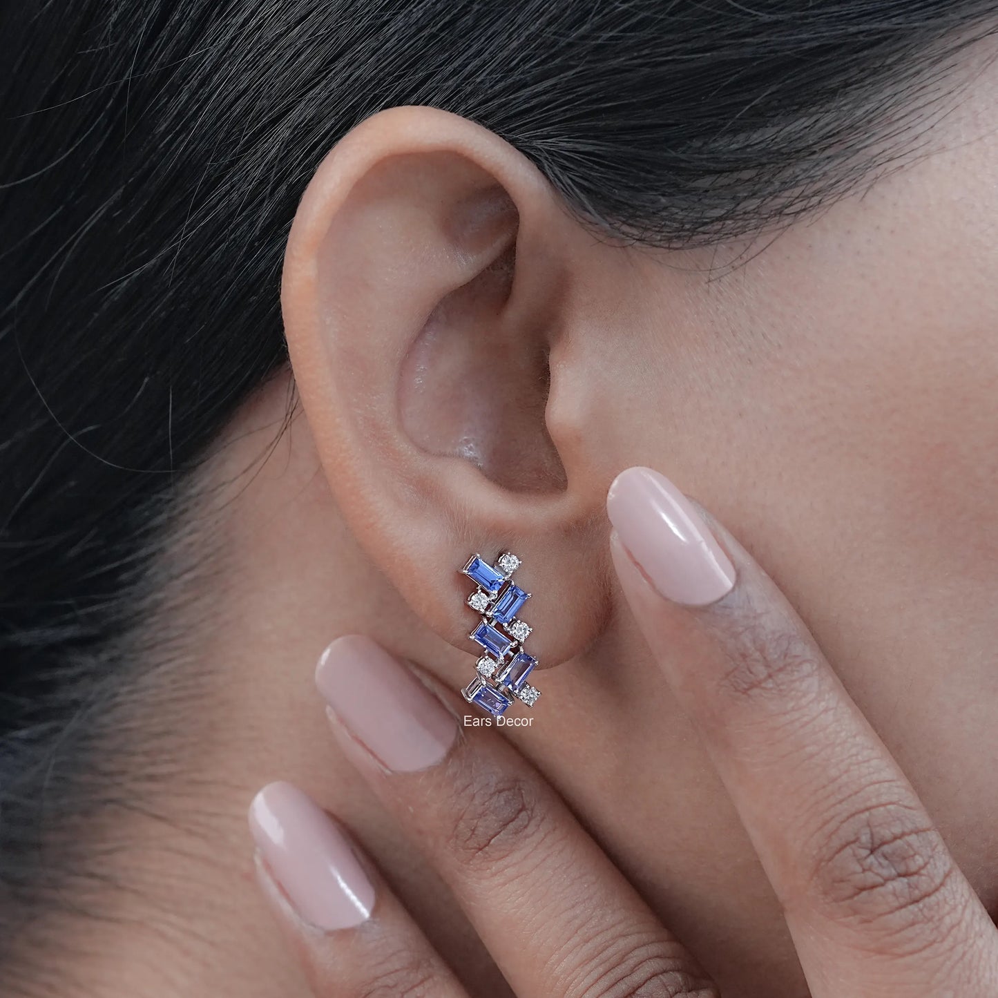 Sapphire Baguette & Round Diamond Drop Earrings