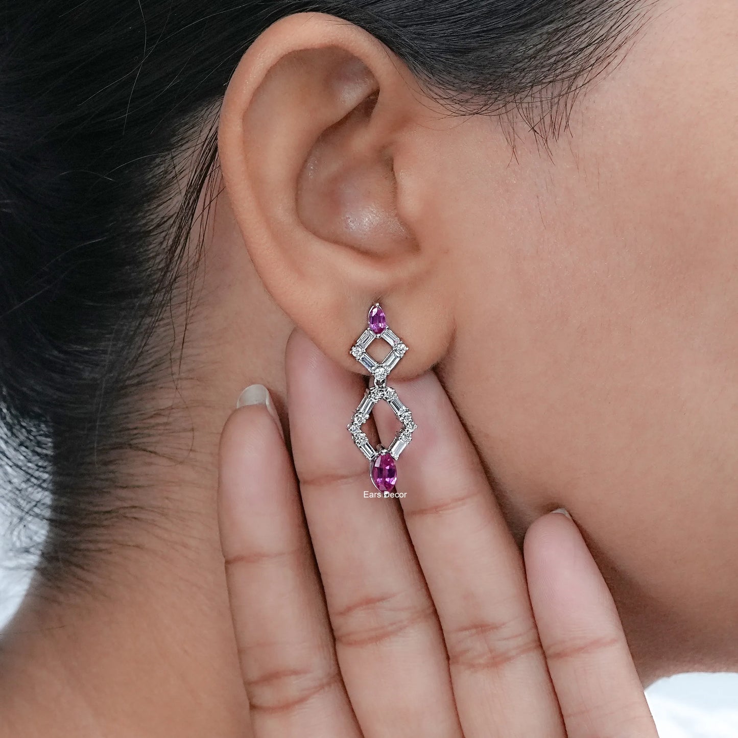 Pink Marquise Gemstone And Diamond Drop Dangle Earrings