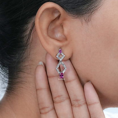 Pink Marquise Gemstone And Diamond Drop Dangle Earrings