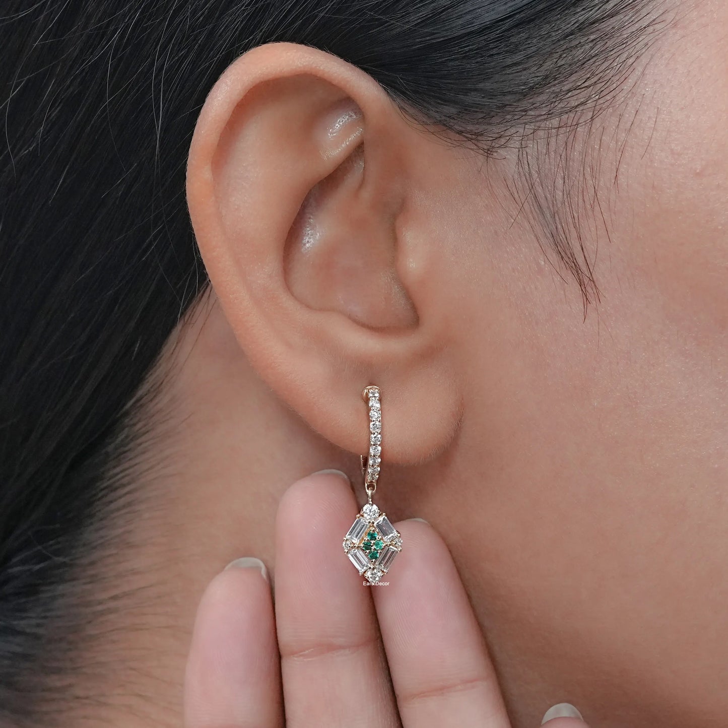 Baguette And Round Green Diamond  Dangle Drop Earrings