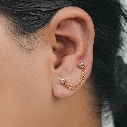 Ball Stud Double Layer Chain Piercing Earring