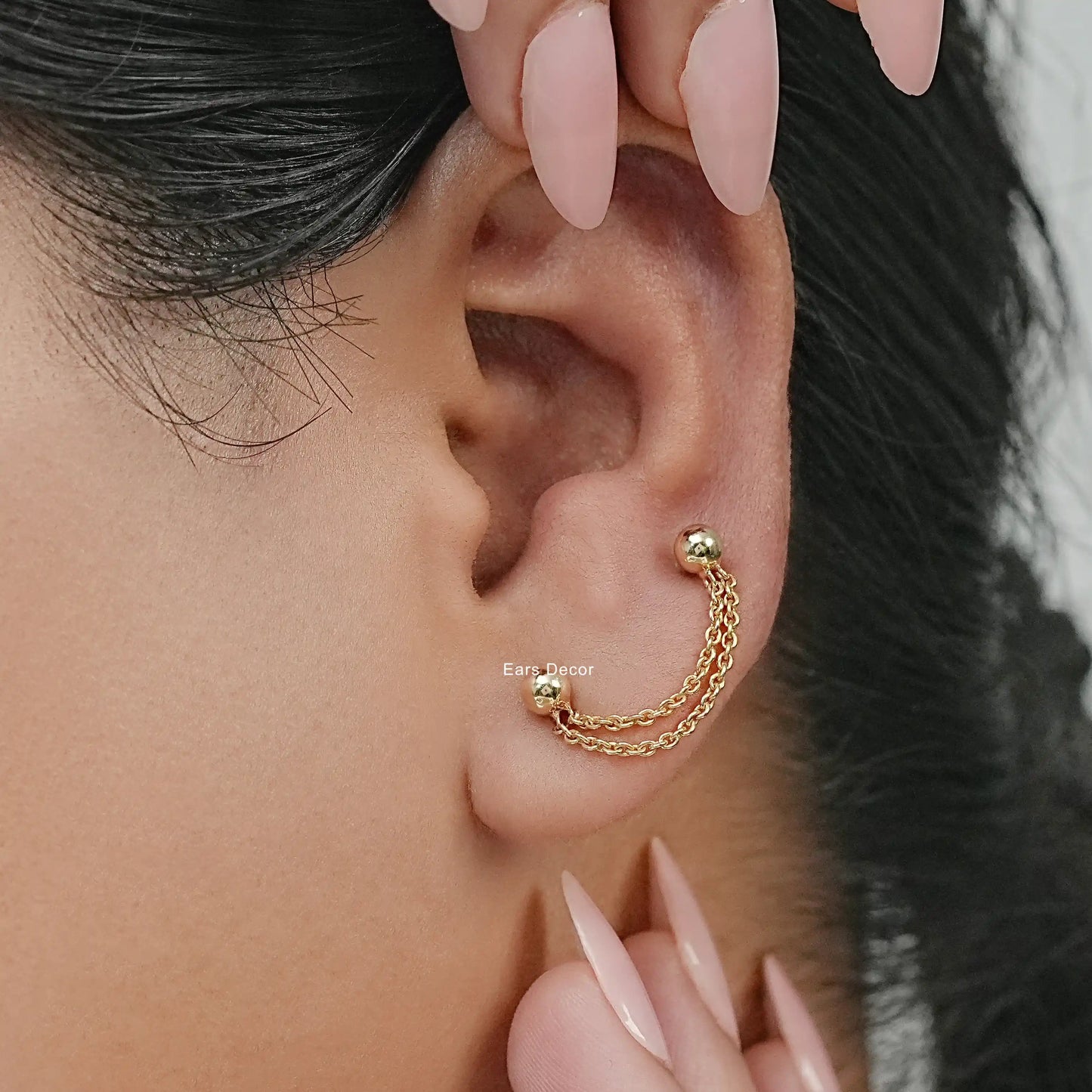 Ball Stud Double Layer Chain Piercing Earring