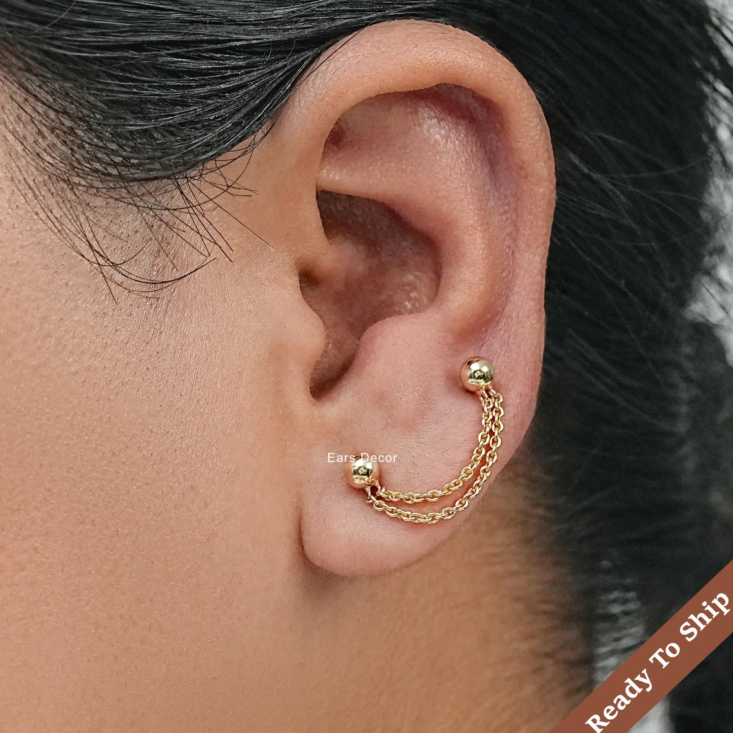 Ball Stud Double Layer Chain Piercing Earring