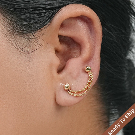 Ball Stud Double Layer Chain Piercing Earring