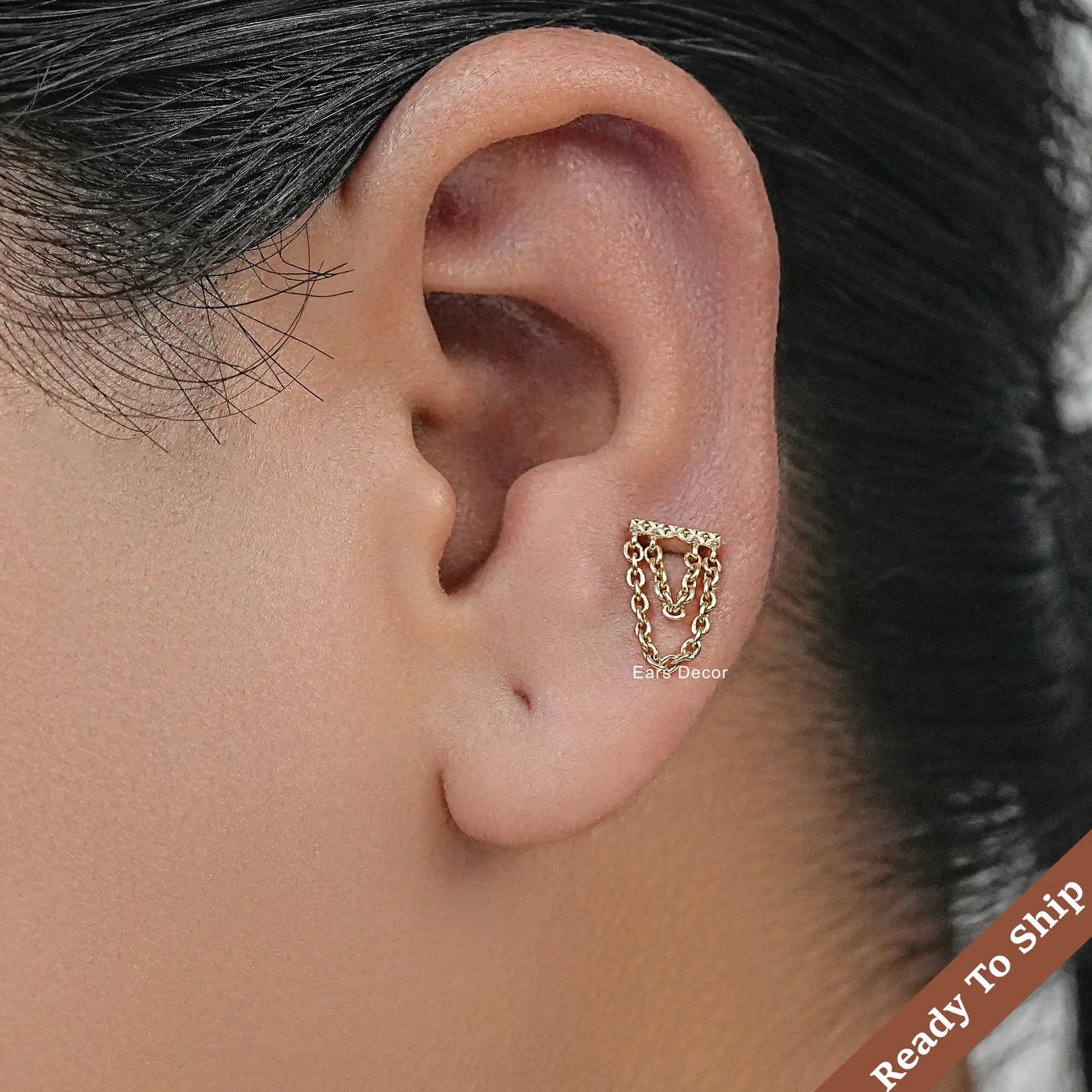 Bar With Double Chain Ear Stud