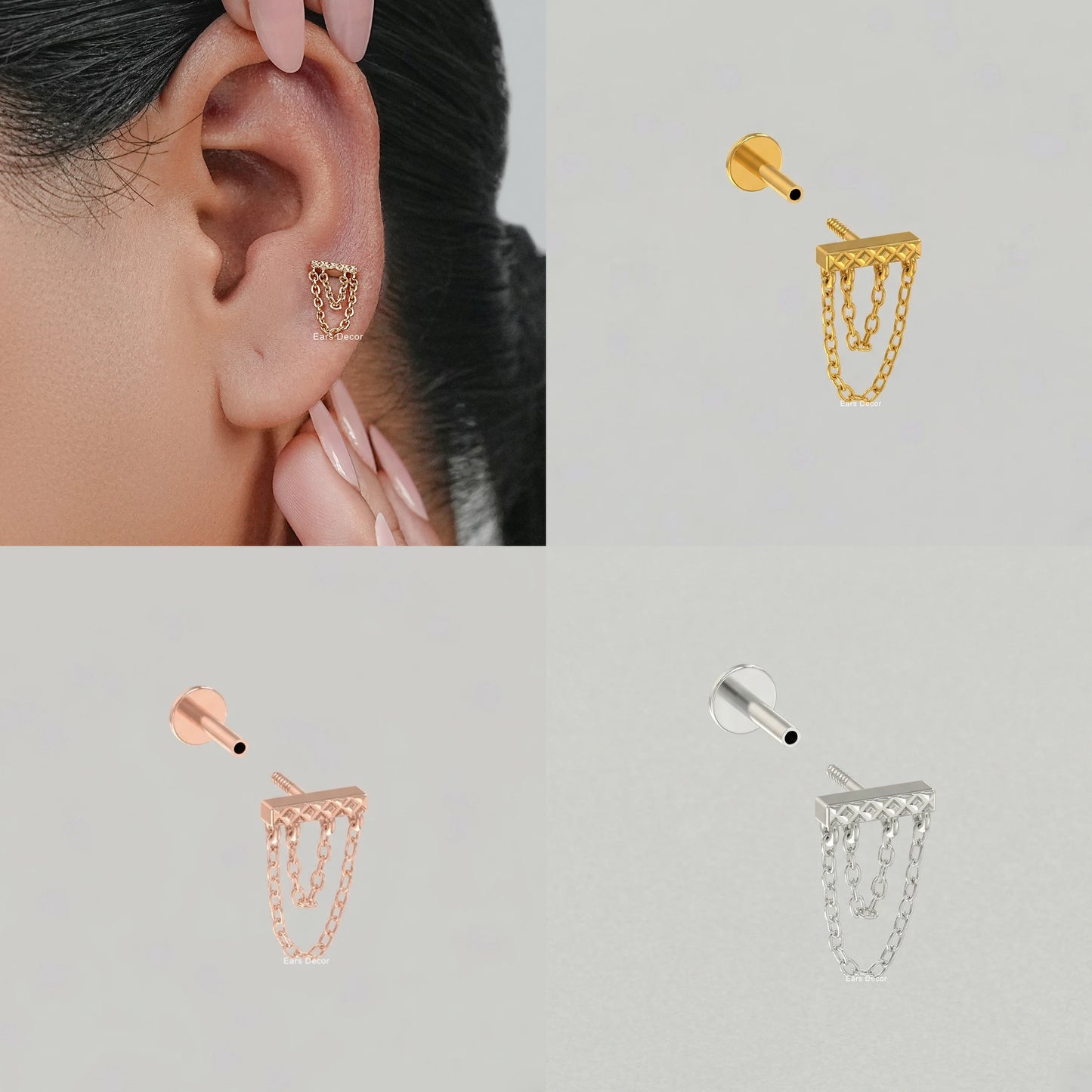 Bar With Double Chain Ear Stud