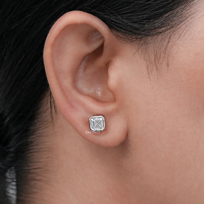 Colorless Asscher Cut Solitaire Bezel Set Stud Earrings