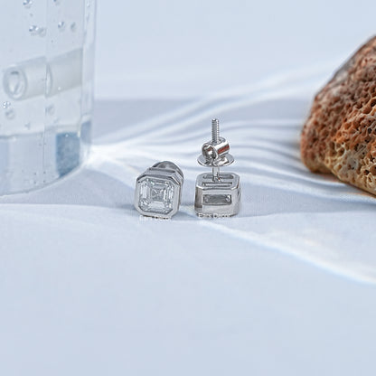 Colorless Asscher Cut Solitaire Bezel Set Stud Earrings