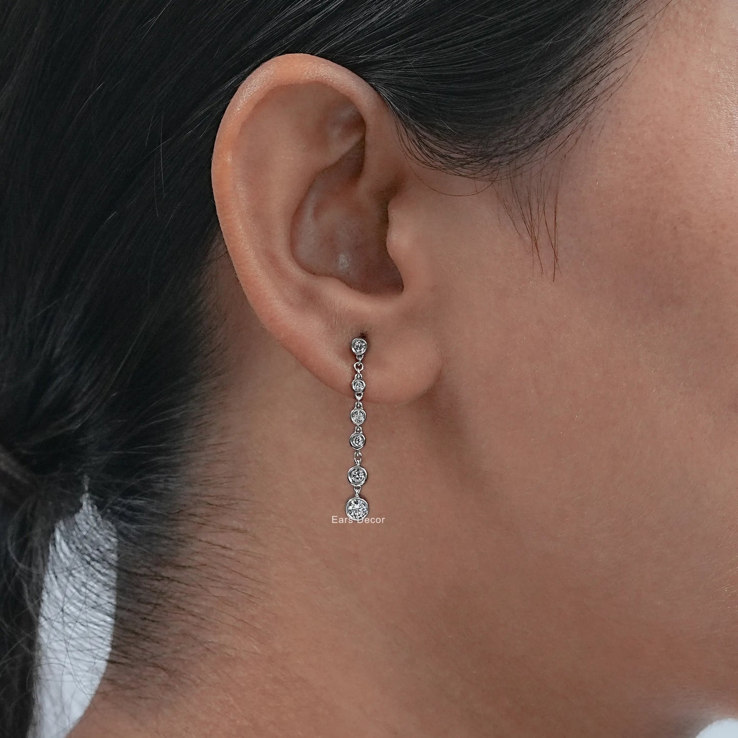 Round Lab Diamond Bezel Set Dangle Drop Earrings