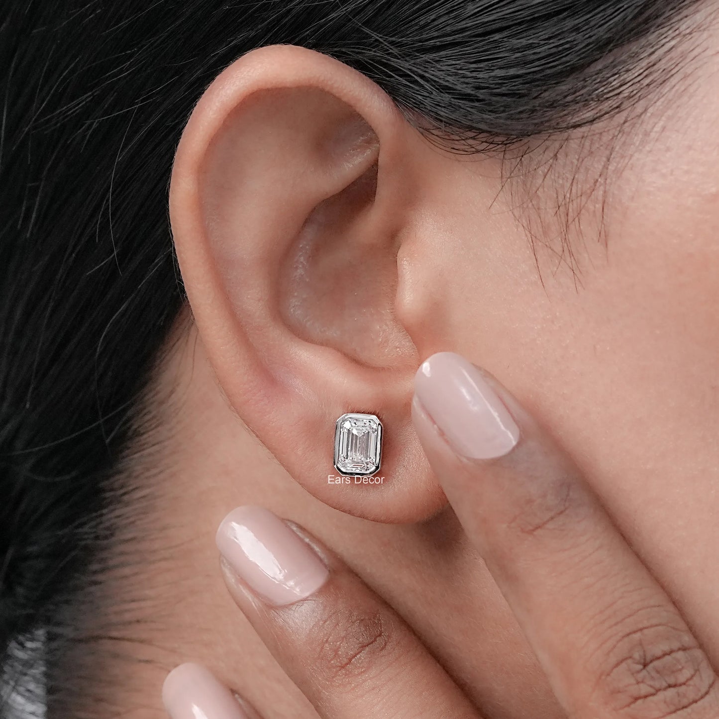 Colourless Emerald Cut Moissanite Bezel Set Stud