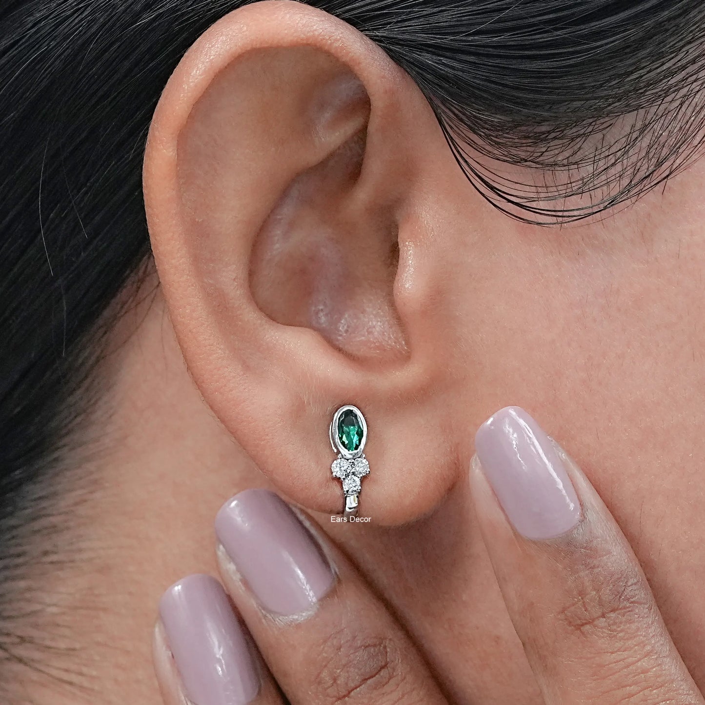 Green Oval Three Round Diamond Curved Earrings
