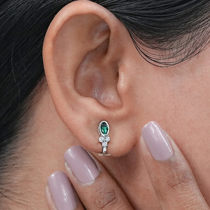 Green Oval Three Round Diamond Curved Earrings