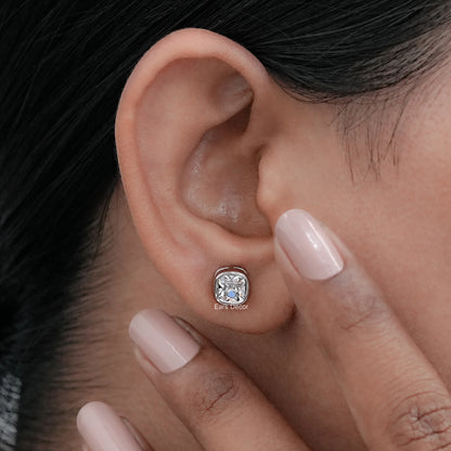 Lab Diamond Square Old Mine Cushion Diamond Bezel Set Stud