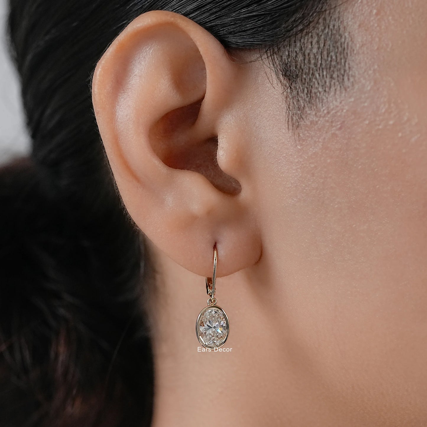 Bezel Set Oval Diamond Dangle Hoop Earrings
