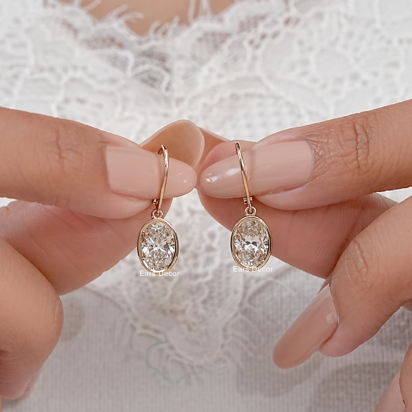 Bezel Set Oval Diamond Dangle Hoop Earrings