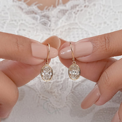 Bezel Set Oval Diamond Dangle Hoop Earrings
