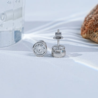 Round Natural Diamond Bezel Set Solitaire Stud Earrings
