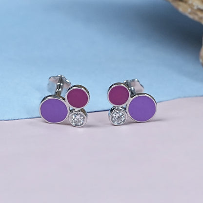 Purple Enamel And Round Diamond Baby Stud Earrings