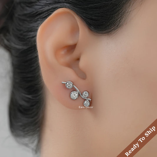 Round Diamond Ear Climber Stud Earring