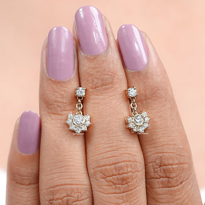Round Cut Lab Grown Diamond Half Halo Dangle Earrings